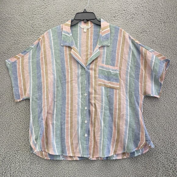 Garnet Hill Tops - Garnet Hill Top Womens 18  Pink Green Stripes Collared 100% Linen Button Up